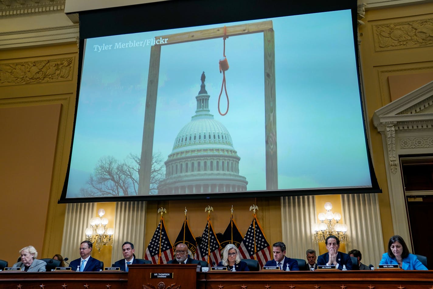 As the hashtag #ExecuteMikePence trended on Twitter on Jan. 6, one staffer was trying to take down such tweets one by one. Above, the Jan. 6 committee and a photo of a gallows on the Capitol grounds. MUST CREDIT: Washington Post photo by Jabin Botsford.