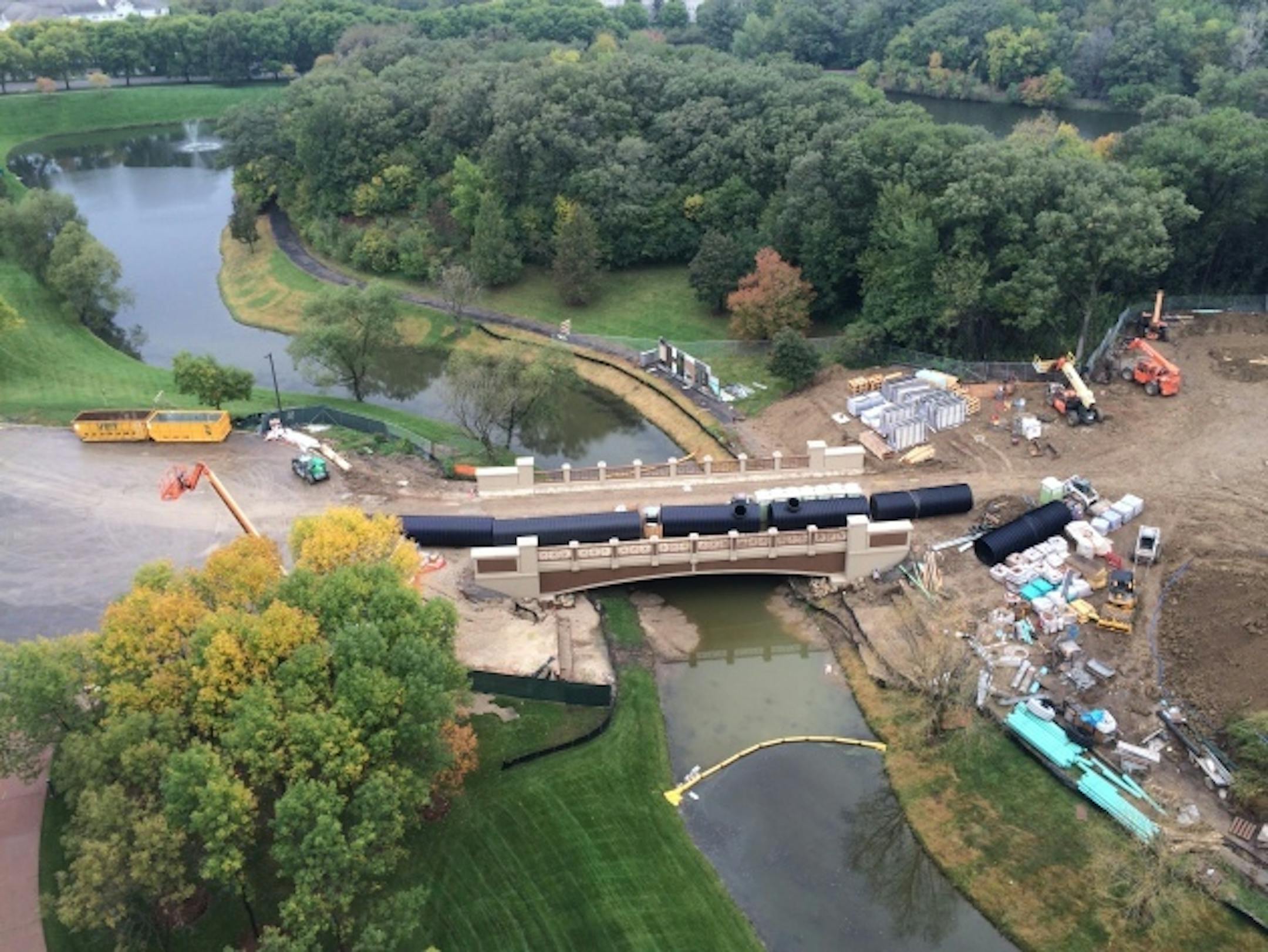 To provide access to the new building, a car bridge replaced a pedestrian-only bridge.