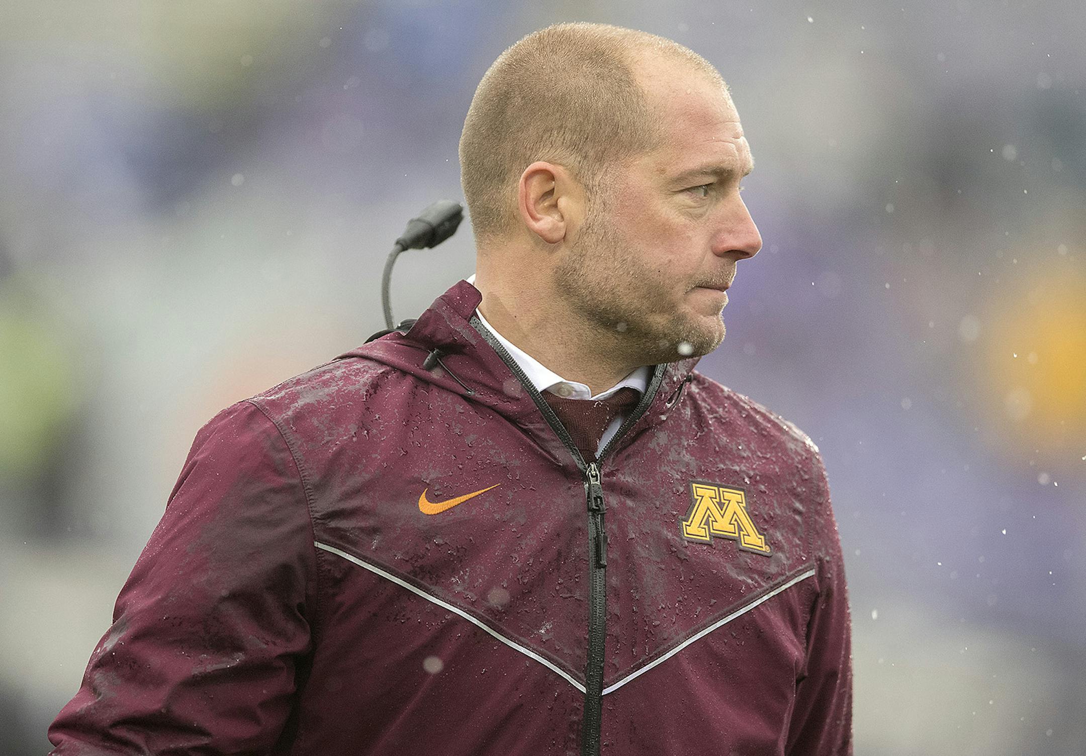 Minnesota's Head Coach P. J. Fleck on the sideline during the fourth quarter as Minnesota took on the Northwestern Wildcats at Ryan Field, Saturday.
