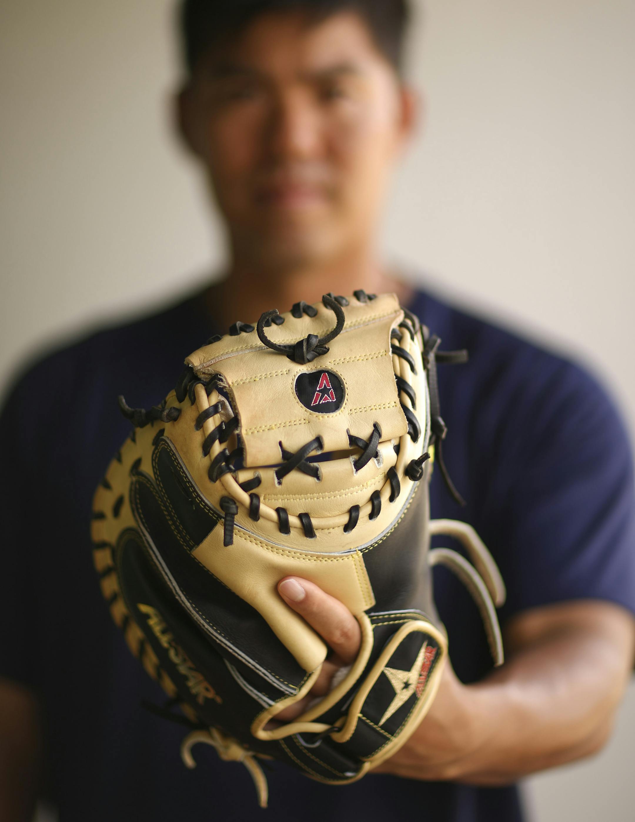 Twins catcher Kurt Suzuki's glove Wednesday afternoon at Hammond Stadium in Fort Myers. ] JEFF WHEELER ï jeff.wheeler@startribune.com The Twins played their first exhibition baseball game against the University of Minnesota team Wednesday night, March 4, 2015, at Hammond Stadium in Fort Myers, FL.