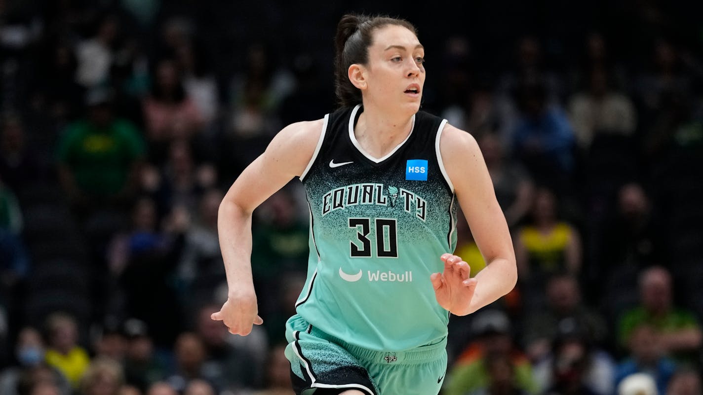 New York Liberty forward Breanna Stewart (30) runs on the court against the Seattle Storm during the first half of a WNBA basketball game, Tuesday, May 30, 2023, in Seattle. (AP Photo/Lindsey Wasson)