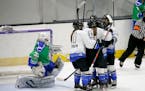 Minnesota Whitecaps players celebrate after scoring against Connecticut Whale goalie Abbie Ives (35) during the second period of a semifinal in the NW