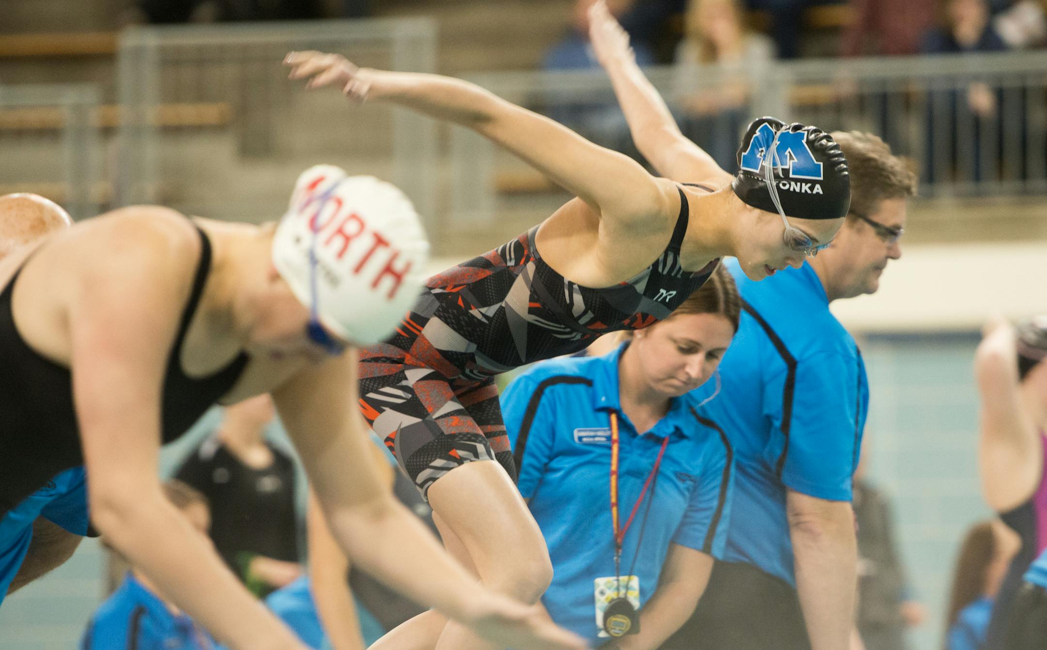 Nadia Helm got Minnetonka's 200-yard freestyle relay started Thursday on a good day for her team at the Jean K Freeman Aquatic Center. (Photo: Matthew Hintz)