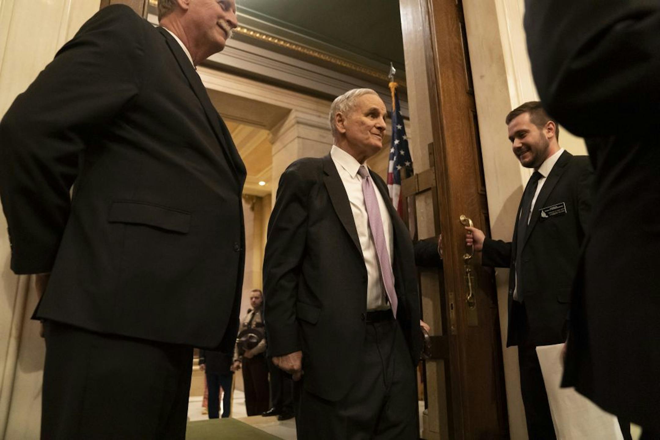 Former Governor Mark Dayton arrived for the State of the State Address at the State Capitol in St. Paul, Minn., on Wednesday, April 3, 2019.