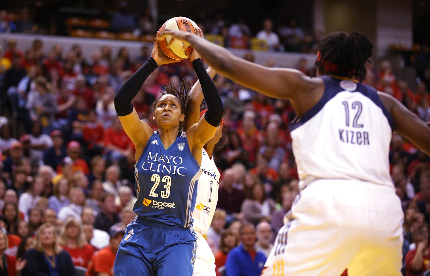 Minnesota Lynx forward Maya Moore (23) shoots during Game 3 of the WNBA Finals at Bankers Life Field House in Indianapolis.