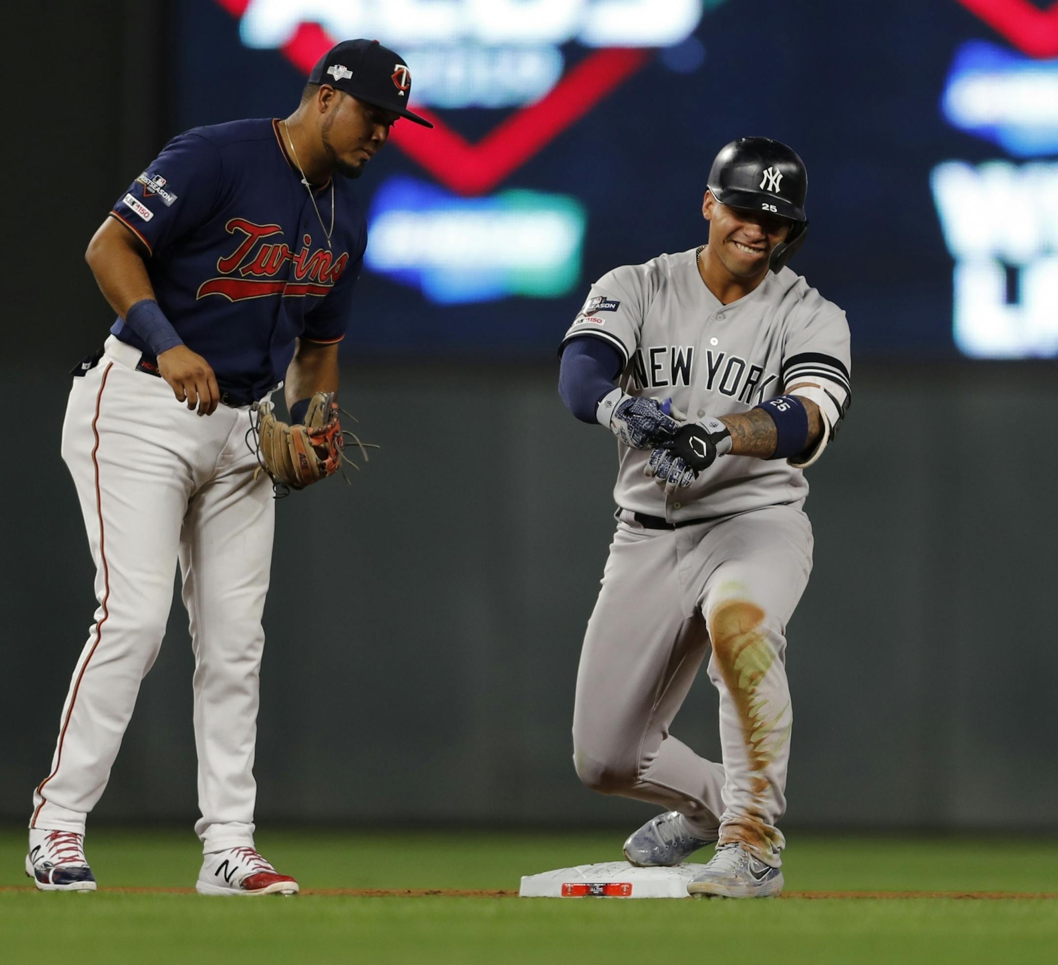 New York Yankees second baseman Gleyber Torres (25) celebrated after hitting a double in the seventh inning.