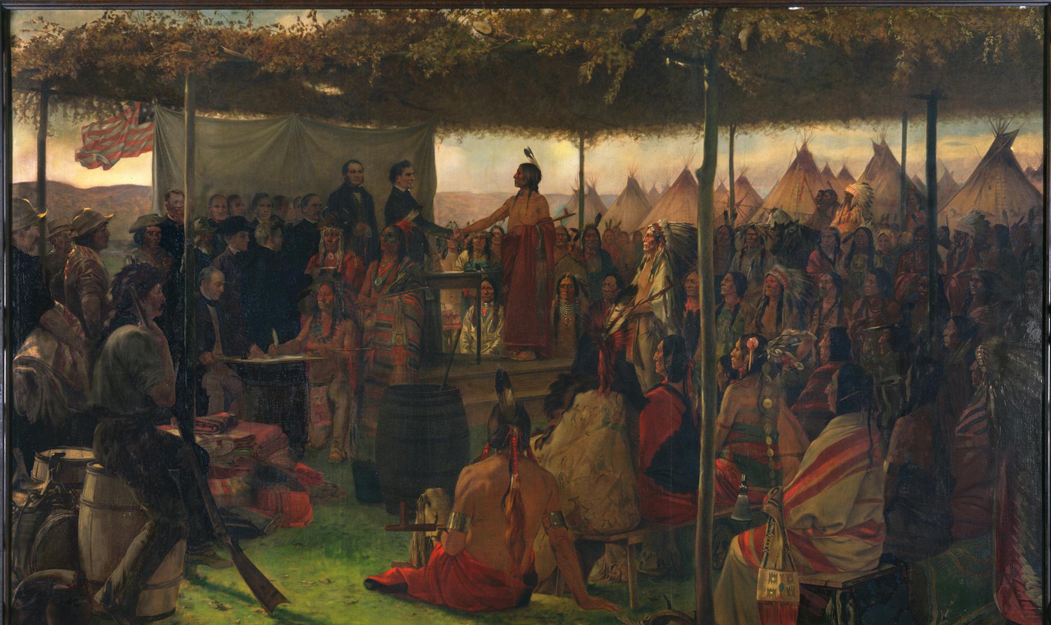 'The Signing of the Treaty of Traverse des Sioux'
Painting in the Governor's Reception Room, Minnesota State Capitol
Painter: Francis Davis Millet (1846-1912) Date: ca. 1905 Medium: Oil Primary Subject: Minnesota. Capitol (3rd). Interior. Governor's Reception Room and Office.
Subject: Indians. Dakota. Santee. Government and relations with U.S. Government. Treaties and delegations.
Subject: Minnesota. Capitol (3rd). Interior. Art.