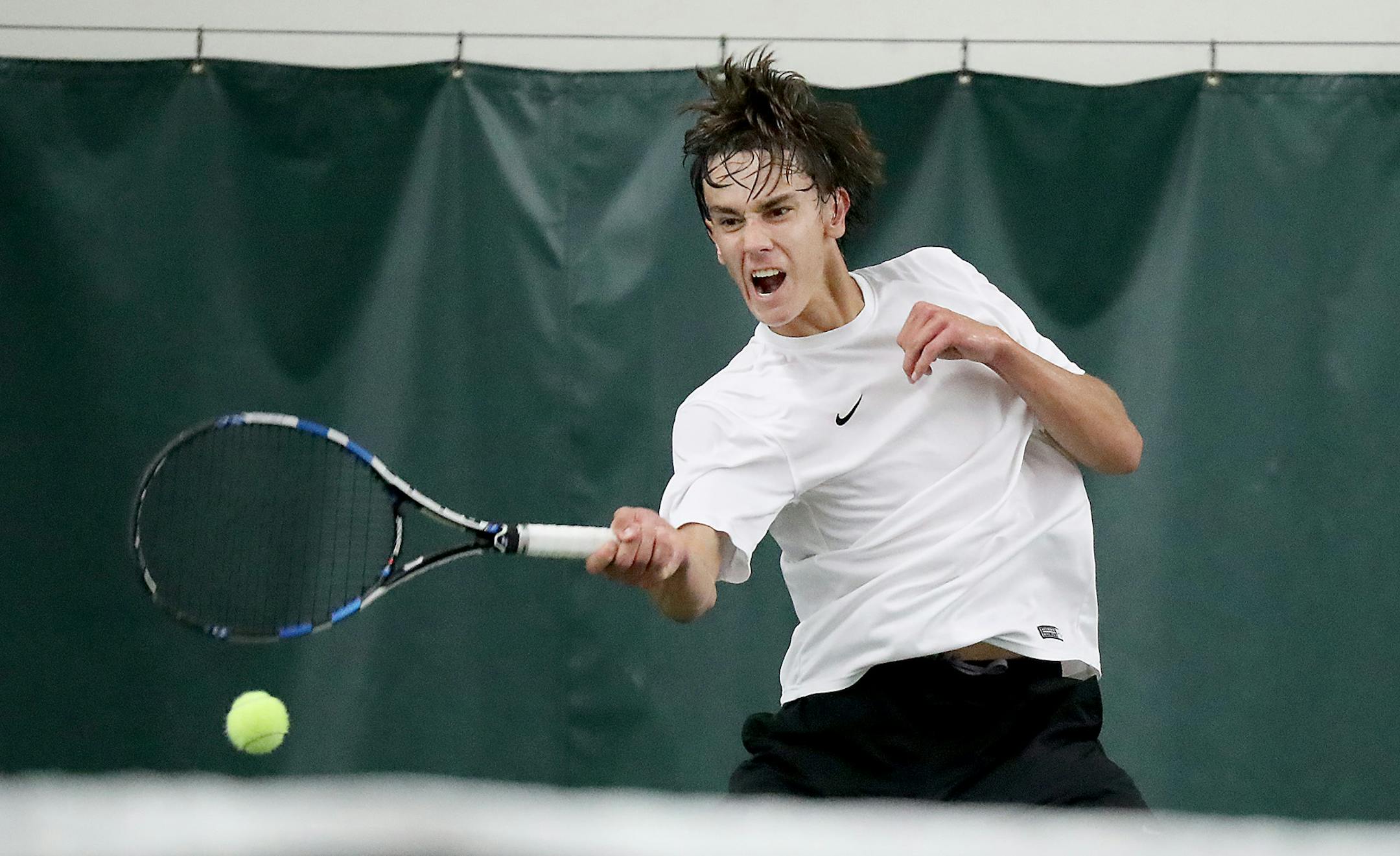 Shakopee's Jackson Allen defeated Wayzata's Nicholas Beaty in two sets during their match-up in the Class 2A boys' tennis singles championship. (Elizabeth Flores/Star Tribune)