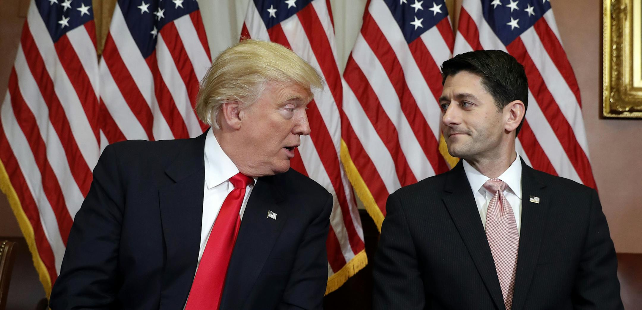 President-elect Donald Trump talks with House Speaker Paul Ryan of Wis. on Capitol Hill in Washington, Thursday, Nov. 10, 2016. (AP Photo/Alex Brandon) ORG XMIT: MIN2016111014412567