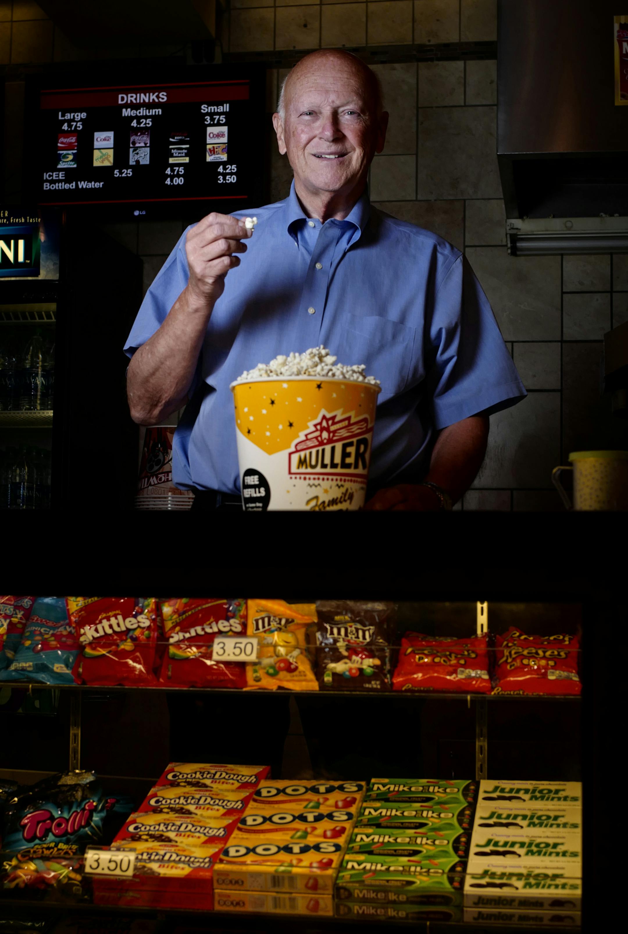 Mike Muller began selling popcorn as an 8-year old when he made 2 cents for every 10 cent bag. He is the owner of Muller Family Movie Theatres with more than 100 screens that is being sold to a Detroit company.] Richard Tsong-taatarii@startribune.com