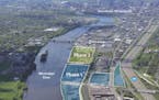An aerial view of the Upper Harbor Terminal site in north Minneapolis.