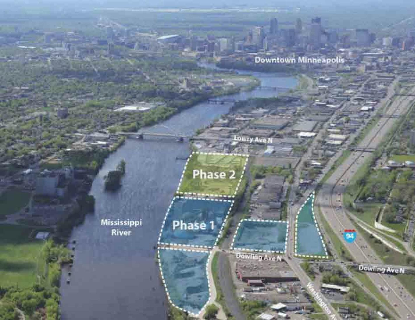 An aerial view of the Upper Harbor Terminal site in north Minneapolis.