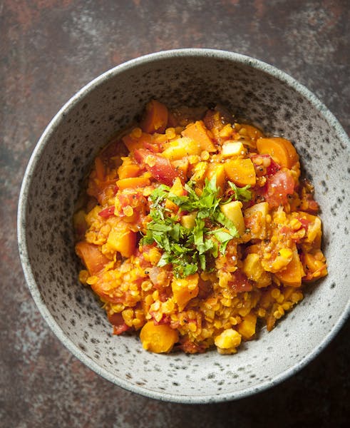 Red Lentil Dal With Pumpkin and Autumn Vegetables.