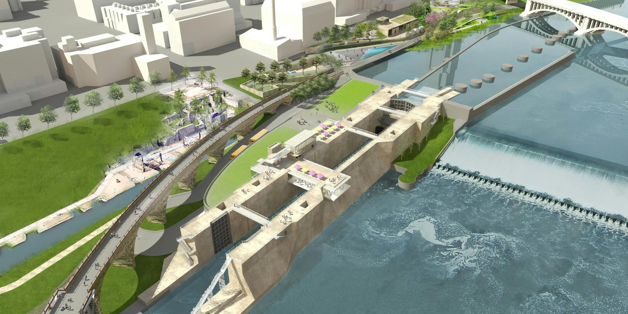 A rendering of a proposal to transform the Upper St. Anthony Lock and Dam into a visitor center.