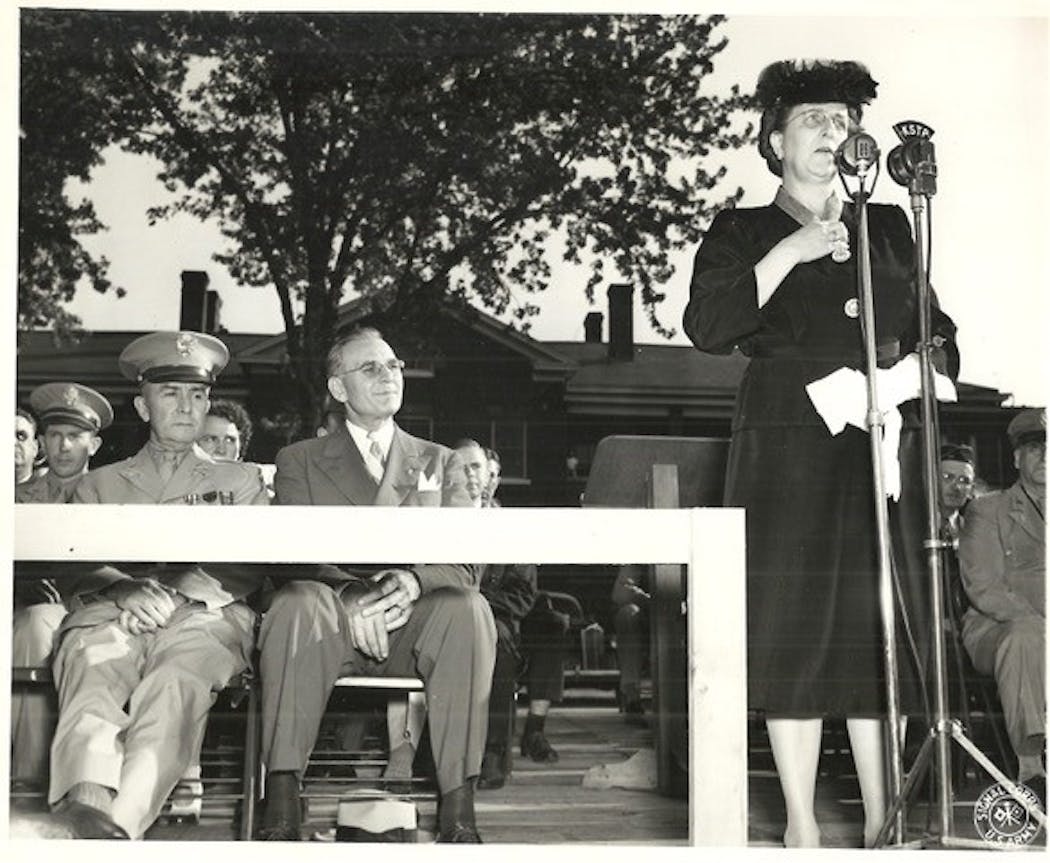 Carrie Bianchi, Bill’s mother, at the Medal of Honor ceremony in 1946. Col. Harry Keeley, commandant at Fort Snelling, is in the first row, left. 