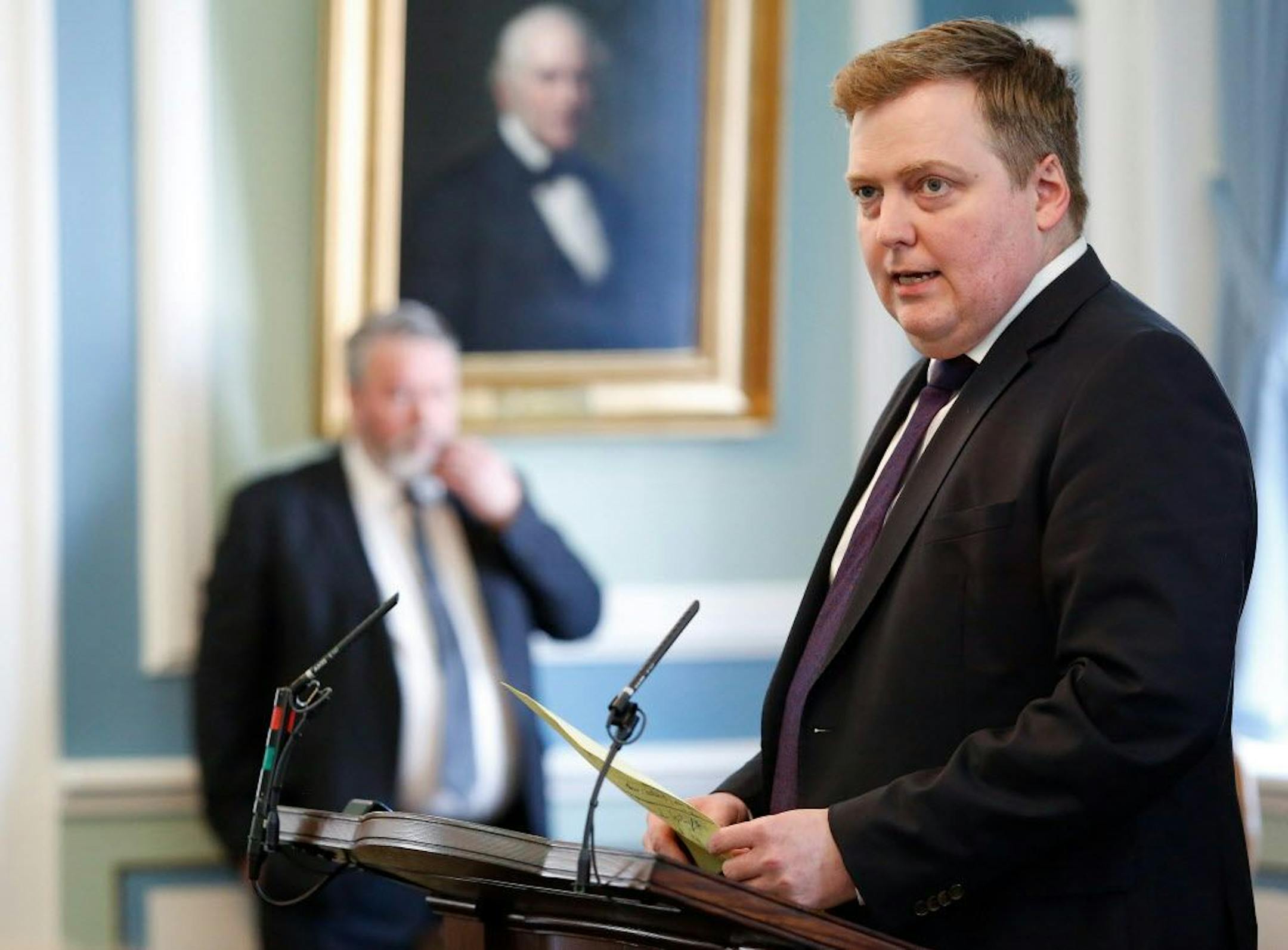 FILE - This is a Monday April 4, 2016 file photo of Iceland's Prime Minister Sigmundur David Gunnlaugsson, as he speaks during a parliamentary session in Reykjavik.