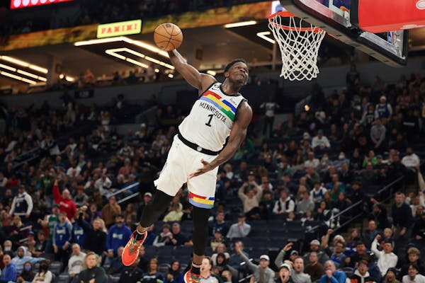 Minnesota Timberwolves guard Anthony Edwards, who had a game high 37 points, dunked for two in the second half Sunday night.