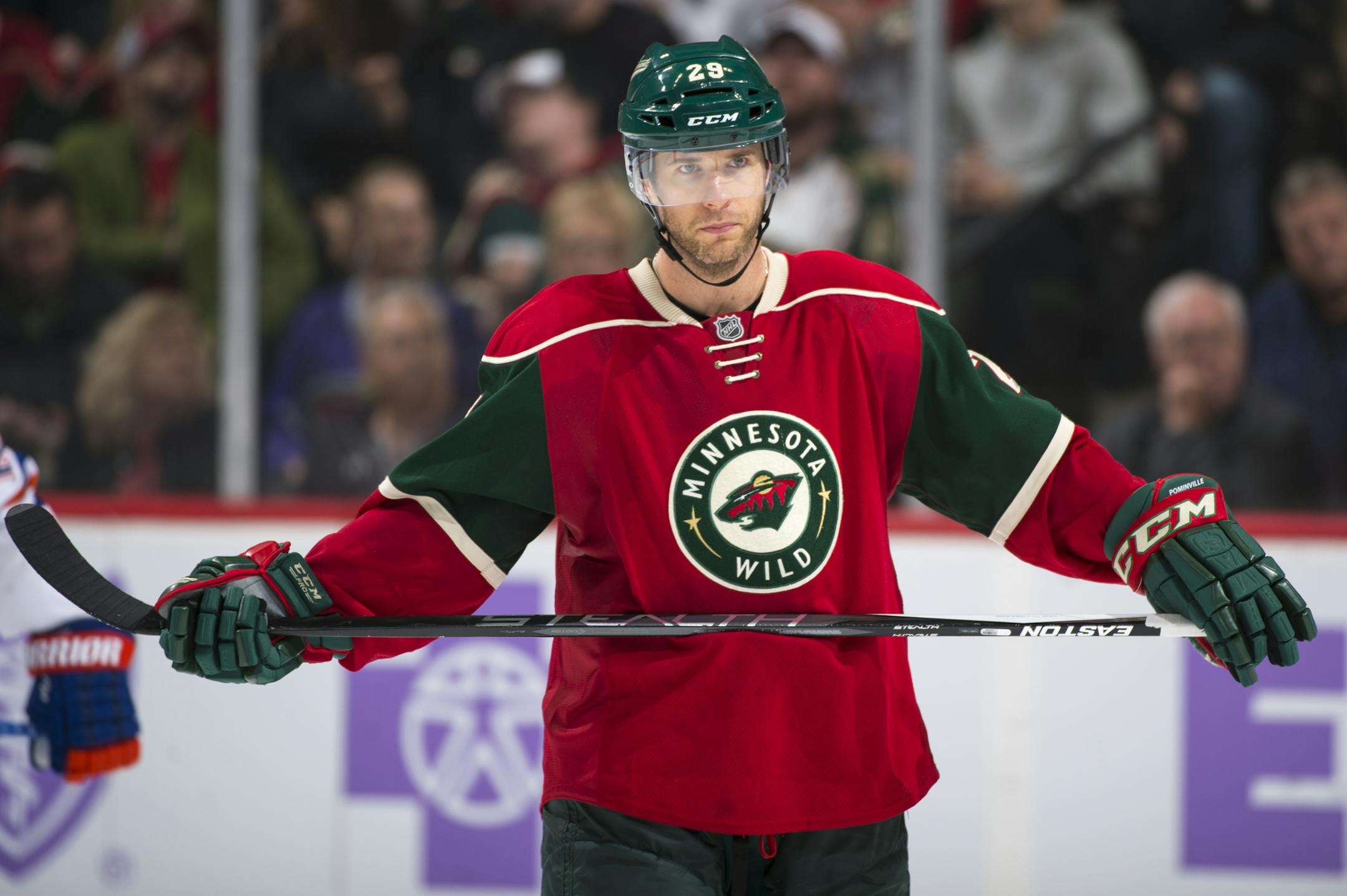 Minnesota Wild right wing Jason Pominville (29) looked on while skating back to the bench during a break in action in the third period Tuesday night against the Edmonton Oilers. ] (AARON LAVINSKY/STAR TRIBUNE) aaron.lavinsky@startribune.com The Minnesota Wild played the Edmonton Oilers on Tuesday, Oct. 27, 2015 at Xcel Energy Center in St. Paul, Minn.