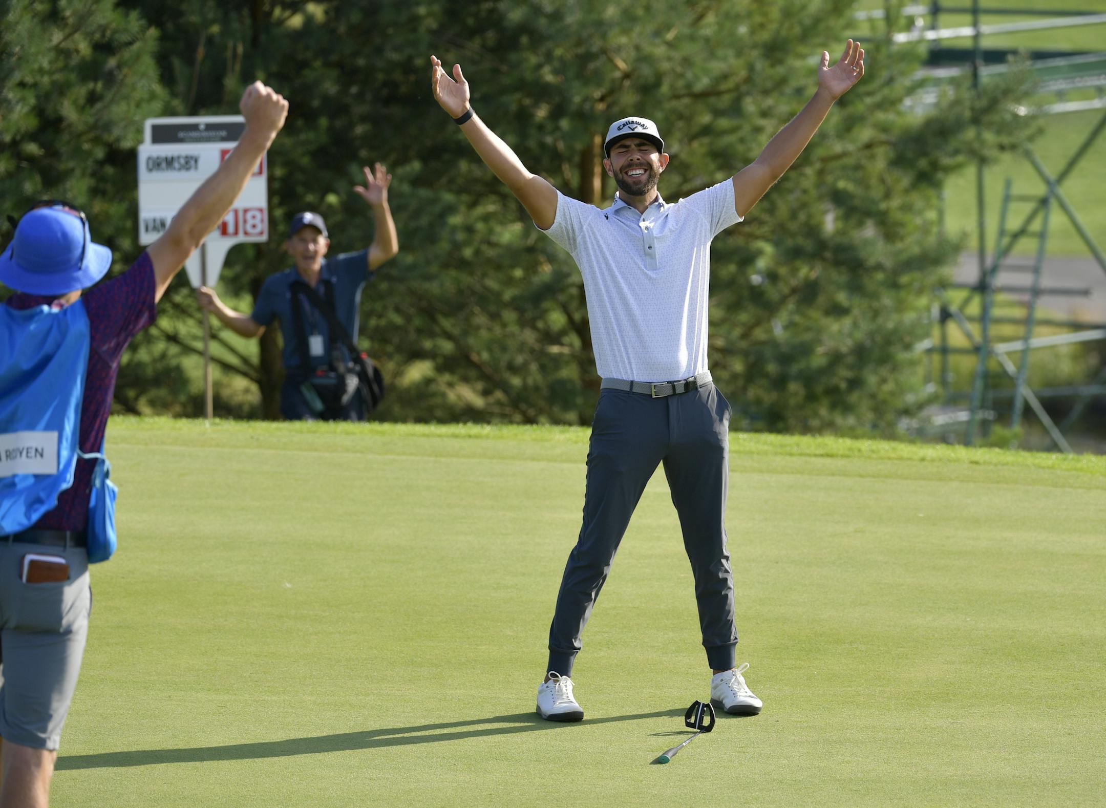 Erik van Rooyen of South Africa celebrates after winning the PGA European Tour golf tournament Scandinavian Invitation at Hills Golf & Sports Club in Molndal, Sweden, Sunday Aug. 25, 2019. (Anders Wiklund/TT via AP)