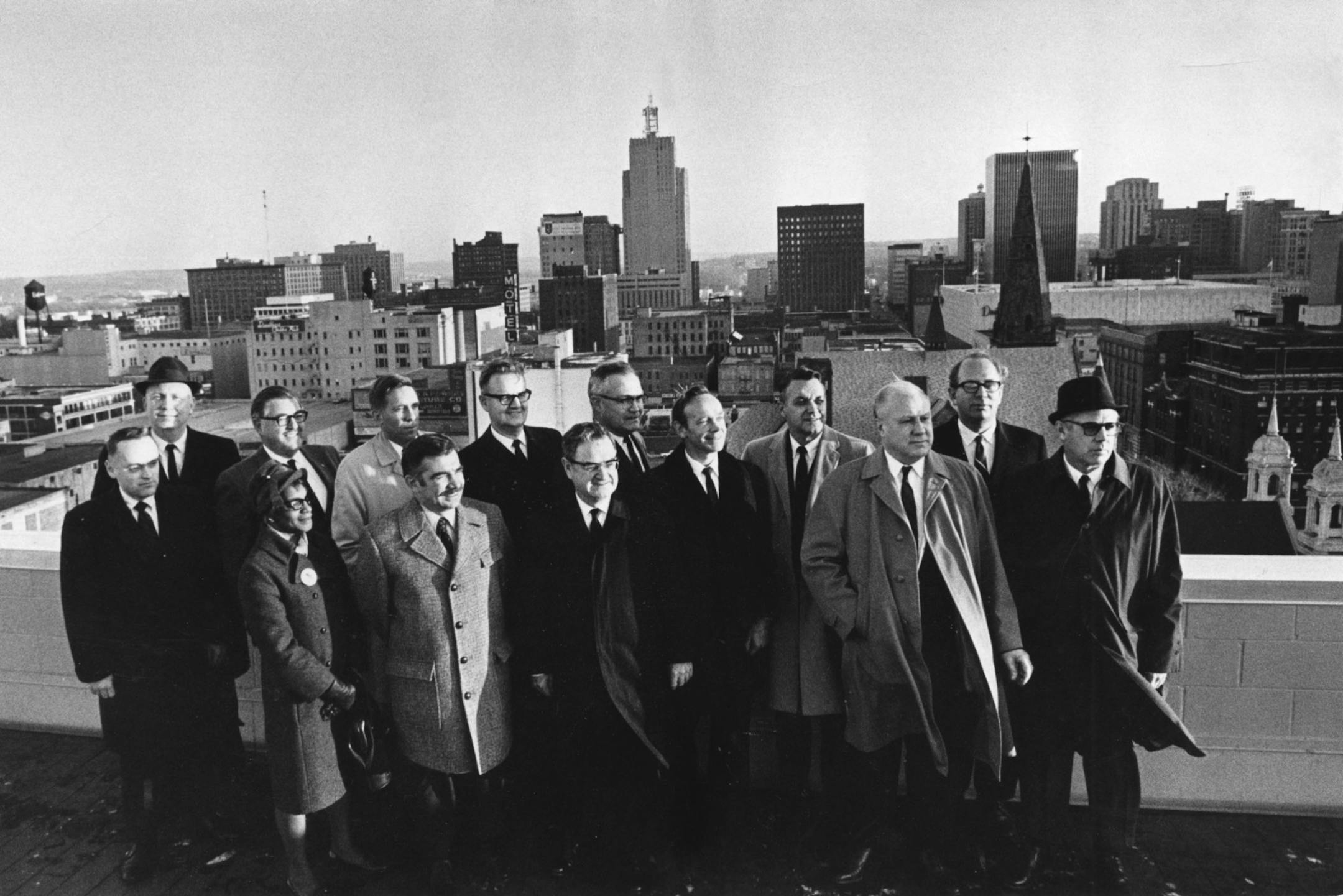 November 27, 1968: Members of the Metropolitan council. Left to right, back row: Joseph A. Craig, Coon Rapids; George T. Pennock, Golden Valley; E. Peter Gillette Jr., Minneapolis; Rev. Norbert Johnson, St. Paul; Marvin F. Borgelt, West St. Paul; Dennis Dunne, Edina; and Clayton L. LeFevere, Richfield. Left to right, front row: Glenn G.C. Olson, Minneapolis; Mrs. James L. Taylor, St. Paul; James L. Dorr, Minneapolis; Joseph A. Maun, St. Paul; Chairman James L. Hetland, Minneapolis; George W. Mar