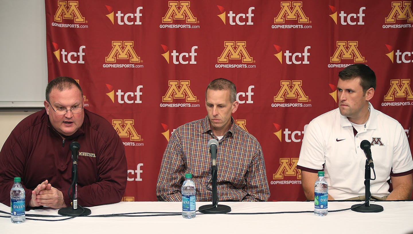 University of Minnesota head football coach Tracy Claeys, left, introduced new Gophers offensive coaches, Jay Johnson, center, and Bart Miller, right, during a press conference at the Bierman Field building, Friday, January 8, 2016 in Minneapolis, MN. ] (ELIZABETH FLORES/STAR TRIBUNE) ELIZABETH FLORES &#x2022; eflores@startribune.com