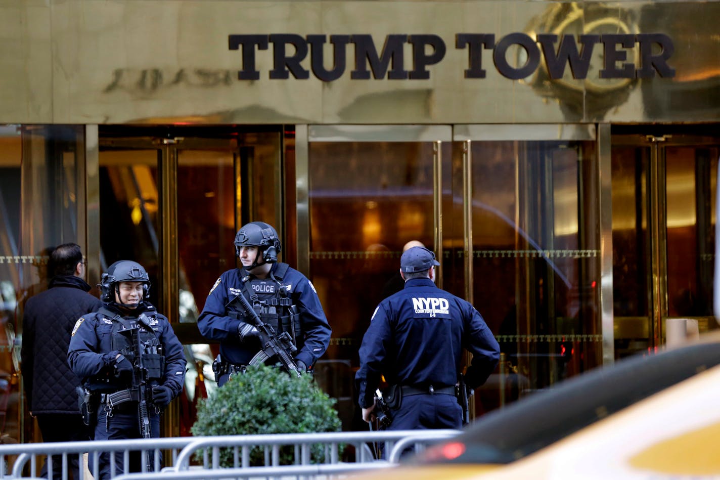 New York City Police guarded the front of Trump Tower in New York in November 2016, shortly after Donald Trump was elected president.