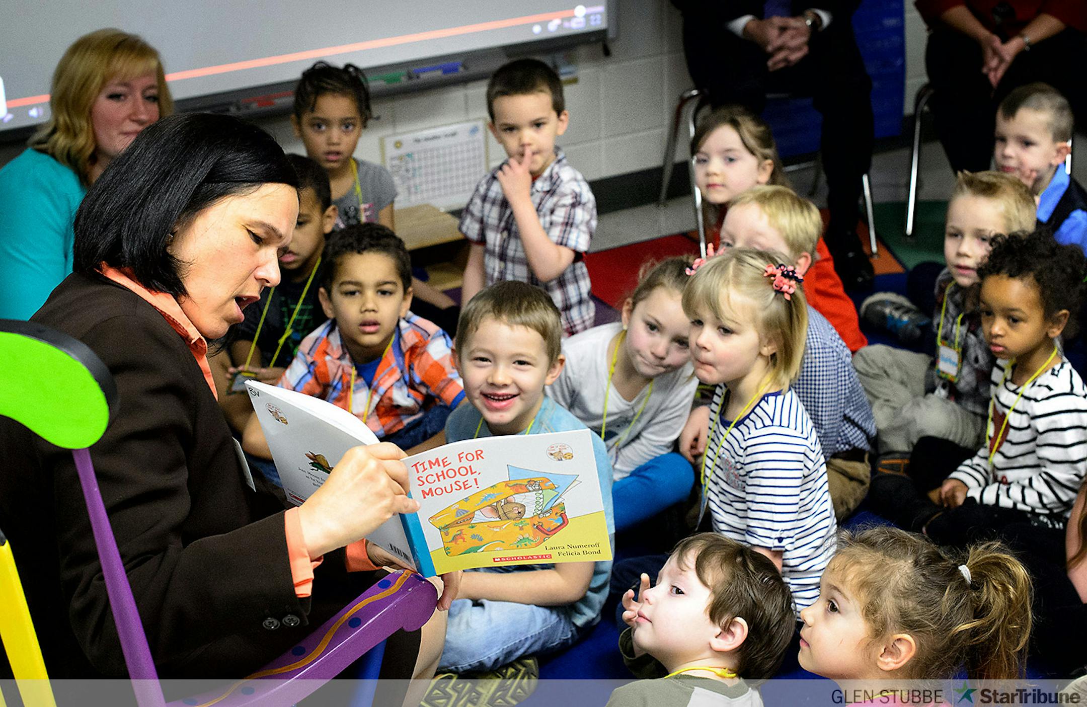 Education Commissioner Brenda Cassellius read "Time for School, Mouse!" to the Pre K class.    ] GLEN STUBBE * gstubbe@startribune.com  Friday, March 20, 2015  Governor Mark Dayton, Education Commissioner Brenda Cassellius, and area legislators will visit a preschool classroom at Newport Elementary School.  Senator Katie Sieben, Senator Susan Kent, and Representative Dan Schoen, visited with preschool students, teachers, and parents, and discuss the impact of their proposal to send every Minnesota four-year-old to preschool.