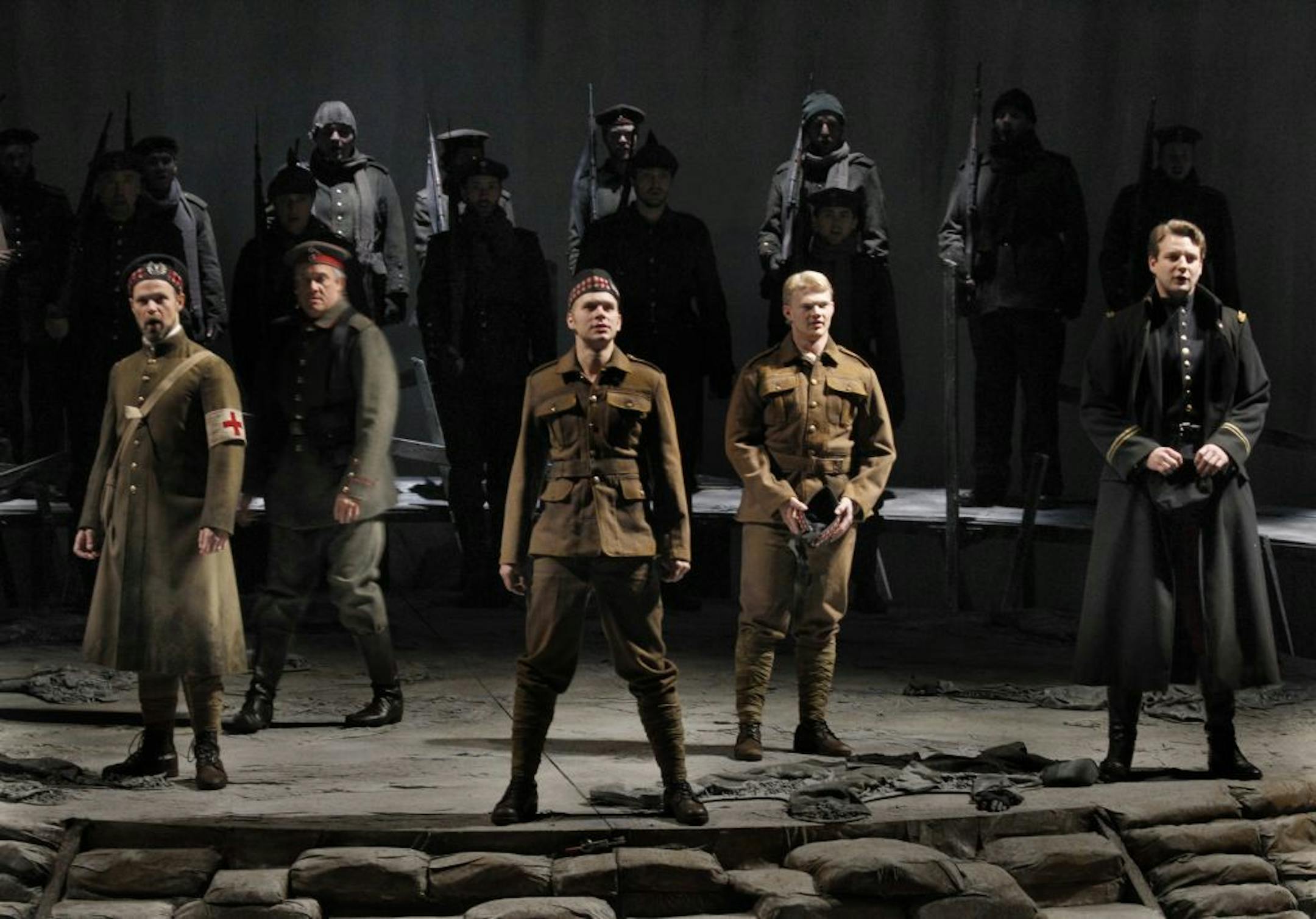 The war begins. The Minnesota Opera. is staging a the world premiere of the Opera , Silent Night, at the Ordway in St. Paul, MN. The first day on the set for tech week by a cast of 75 plus 75 in the pit. [ TOM WALLACE • twallace@startribune.com _ Assignment _#20020470A__November 5, 2011_ SLUG: class1111_ EXTRA INFORMATION: CQ'ed by hand-out.