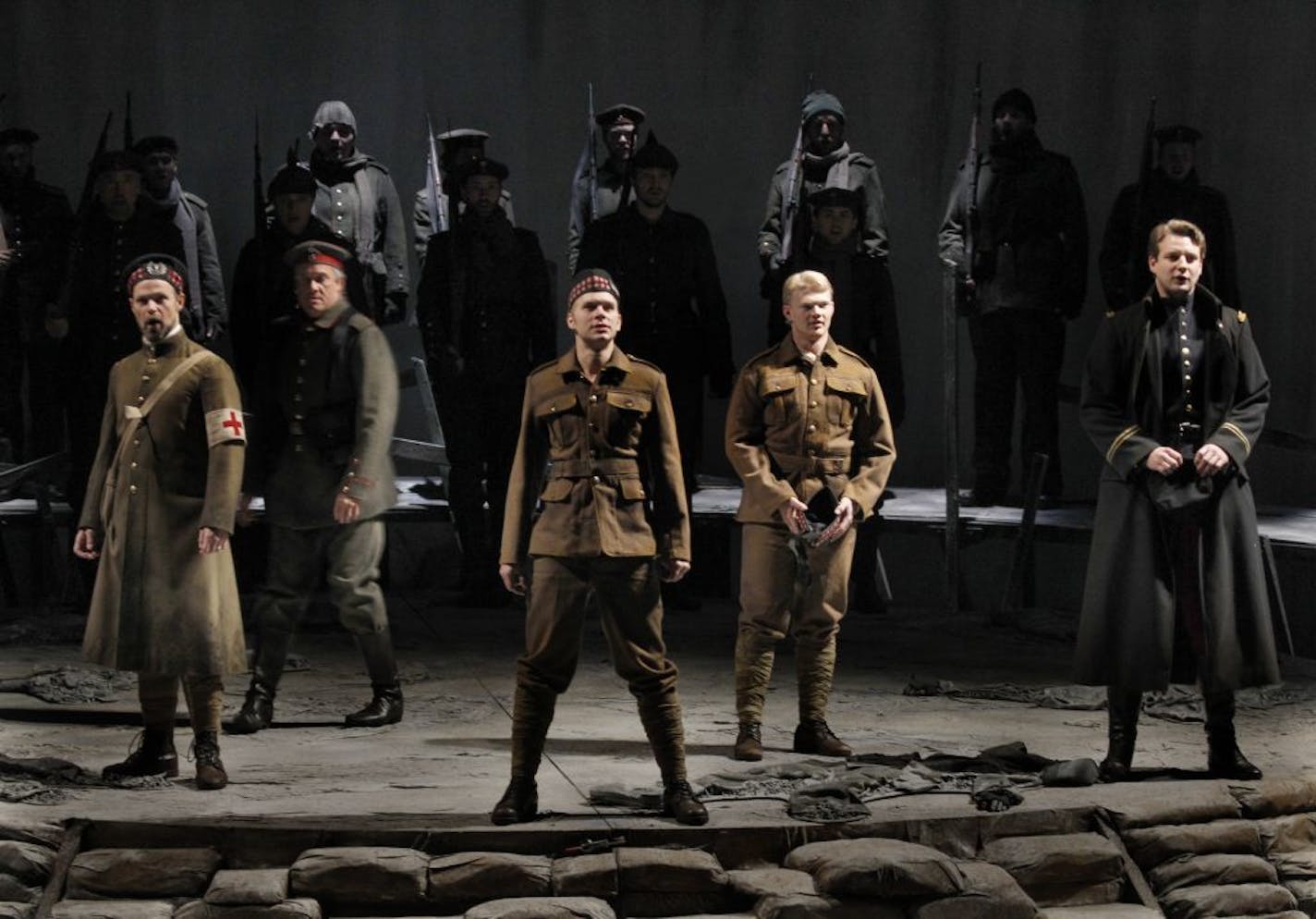 The war begins. The Minnesota Opera. is staging a the world premiere of the Opera , Silent Night, at the Ordway in St. Paul, MN. The first day on the set for tech week by a cast of 75 plus 75 in the pit. [ TOM WALLACE • twallace@startribune.com _ Assignment _#20020470A__November 5, 2011_ SLUG: class1111_ EXTRA INFORMATION: CQ'ed by hand-out.