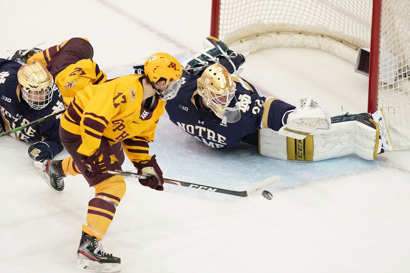 Minnesota Golden Gophers forward Garrett Wait (17) looked to score on Notre Dame Fighting Irish goaltender Cale Morris (32) in the second period. ] ANTHONY SOUFFLE • anthony.souffle@startribune.com The Minnesota Golden Gophers played the Notre Dame Fighting Irish in an NCAA men's hockey game Saturday, Nov. 2, 2019 at the University of Minnesota's 3M Arena at Mariucci in Minneapolis.