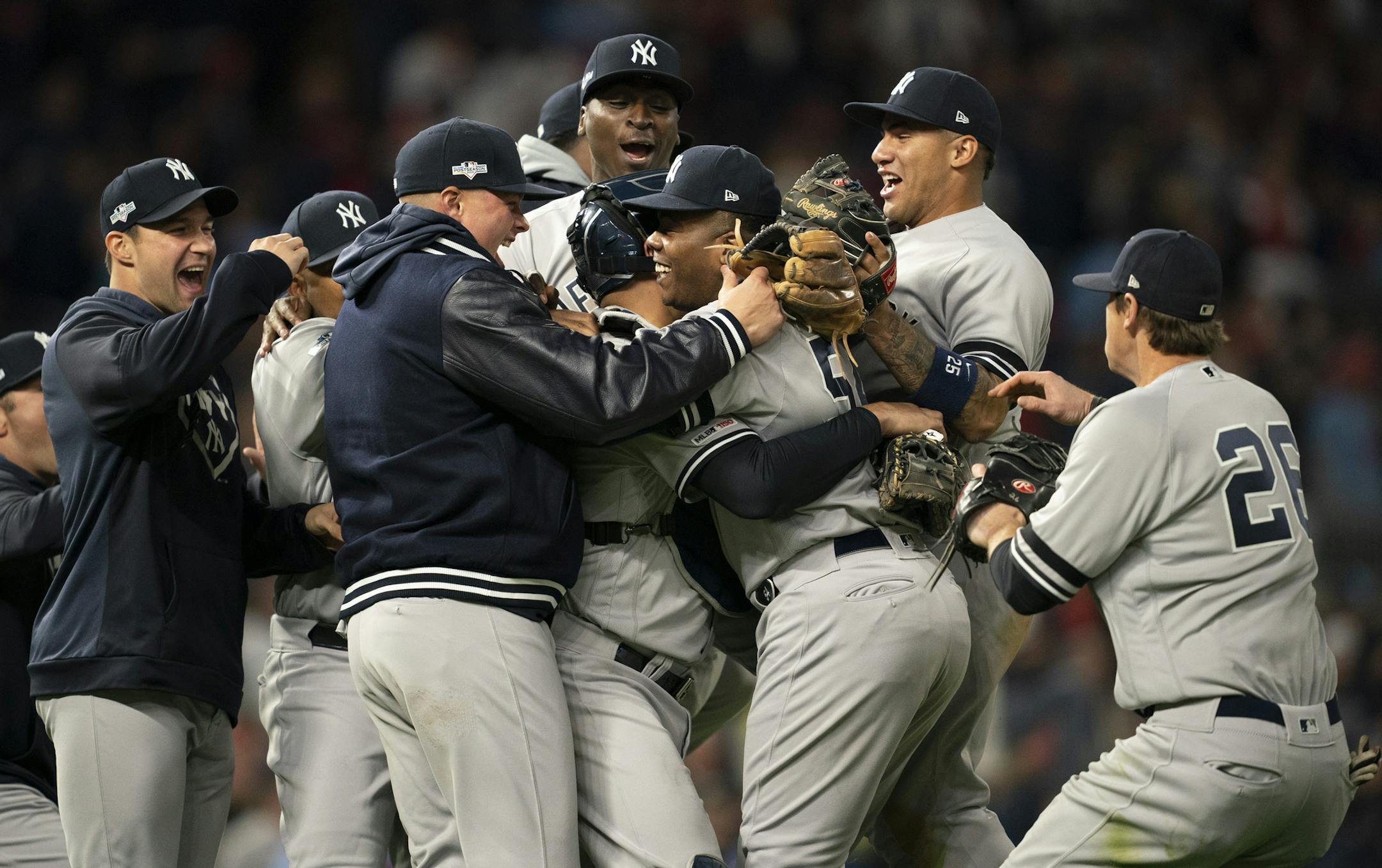 New York Yankees closer Aroldis Chapman (54) was mobbed by teammates after the Yankees defeated the Twins. ] JEFF WHEELER &#x2022; jeff.wheeler@startribune.com The Minnesota Twins lost 5-1 to the New York Yankees in Game 3 of their American League Division Series Monday night, October 7, 2019 at Target Field in Minneapolis.