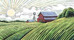 iStock
Rural landscape with a farm in engraving style and painted in color.