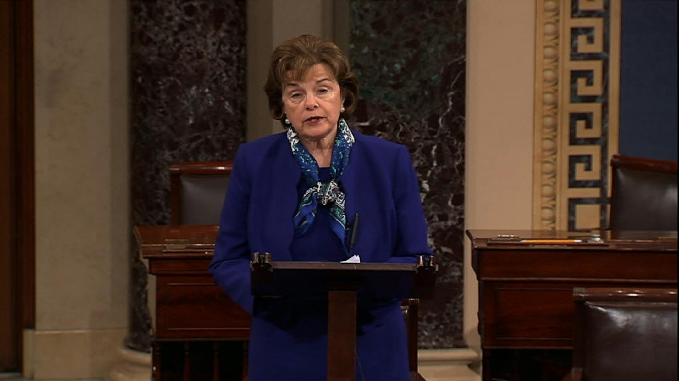 Senate Intelligence Committee Chair Sen. Dianne Feinstein, D-Calif. speaks on the floor of the Senate on Capitol Hill in Washington, Tuesday, March 11, 2014.