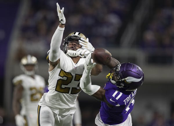 New Orleans Saints cornerback Marshon Lattimore (23) broke up a second quarter pass intended for Minnesota Vikings wide receiver Laquon Treadwell (11)