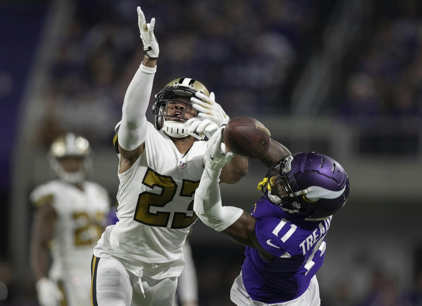 New Orleans Saints cornerback Marshon Lattimore (23) broke up a second quarter pass intended for Minnesota Vikings wide receiver Laquon Treadwell (11) at U.S. Bank Stadium Sunday October 28, 2018 in Minneapolis, MN.