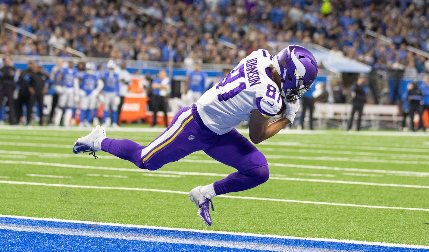 Vikings wide receiver and seventh-round draft pick Bisi Johnson has 15 receptions for 161 yards this season, including this touchdown catch against the Lions.