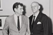 Leonard Bernstein, left, and Dimitri Mitropoulos in New York City in the 1950s. Bernstein was a Mitropoulos protégé, and later his rival.