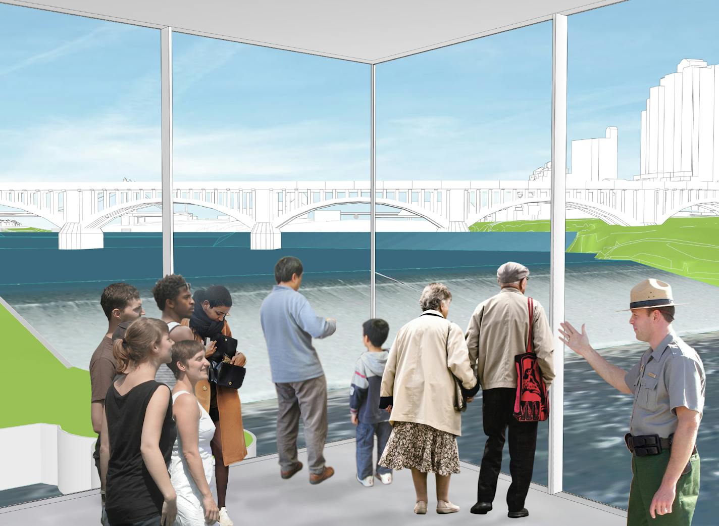 A proposed visitor center overlook at the Mississippi Riverfront near St. Anthony Falls in Minneapolis.