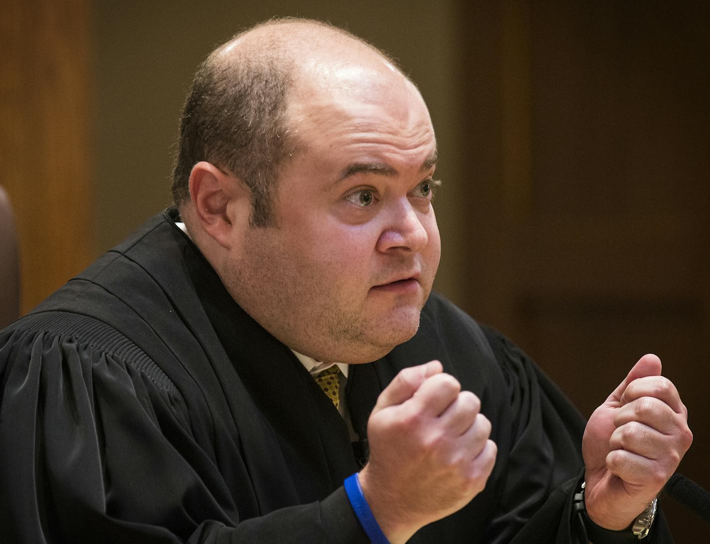 Associate Justice David Stras of the Minnesota Supreme Court speaks during an appeal hearing on the Byron Smith case at the Minnesota Judicial Branch building in St. Paul on Thursday, September 3, 2015. ] LEILA NAVIDI leila.navidi@startribune.com / BACKGROUND INFORMATION: Defense attorneys for Byron Smith, who was convicted of killing two teenage intruders in his Little Falls home, filed an appeal with the Minnesota Supreme Court arguing that Smith&#x2019;s trial was riddled with mistakes from t