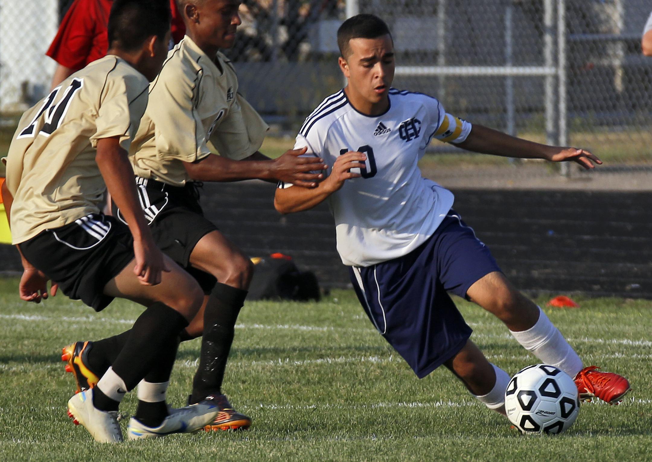 Profile of Columbia Heights soccer player Hussein Arafa Mohamed photographed during a recent game against Fridley. Mohamed advanced the ball. (MARLIN LEVISON/STARTRIBUNE(mlevison@startribune.com)