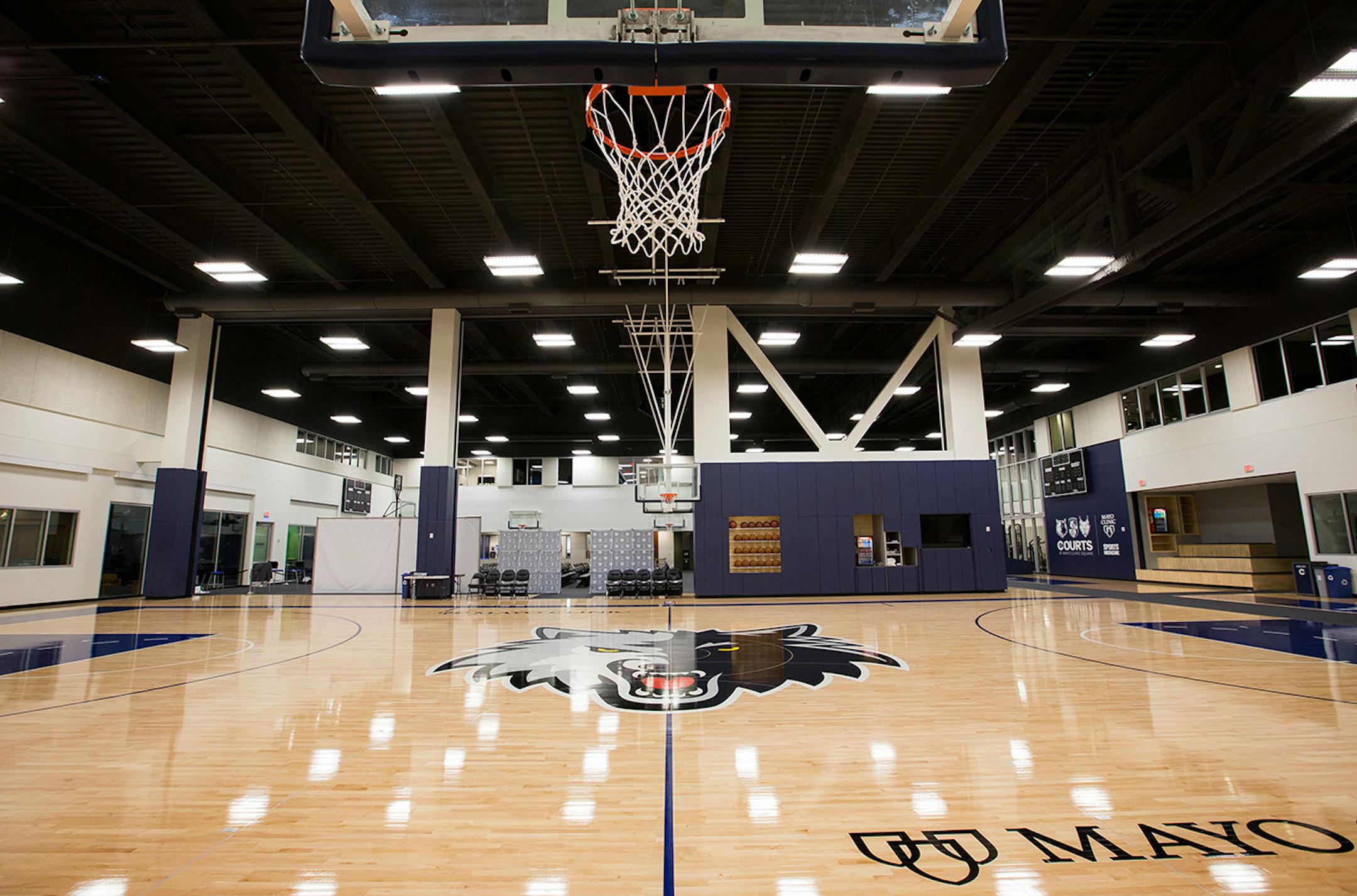 The new practice court for the Timberwolves at the Timberwolves and Lynx Courts at Mayo Clinic Square in downtown Minneapolis on Wednesday, June 17, 2015.