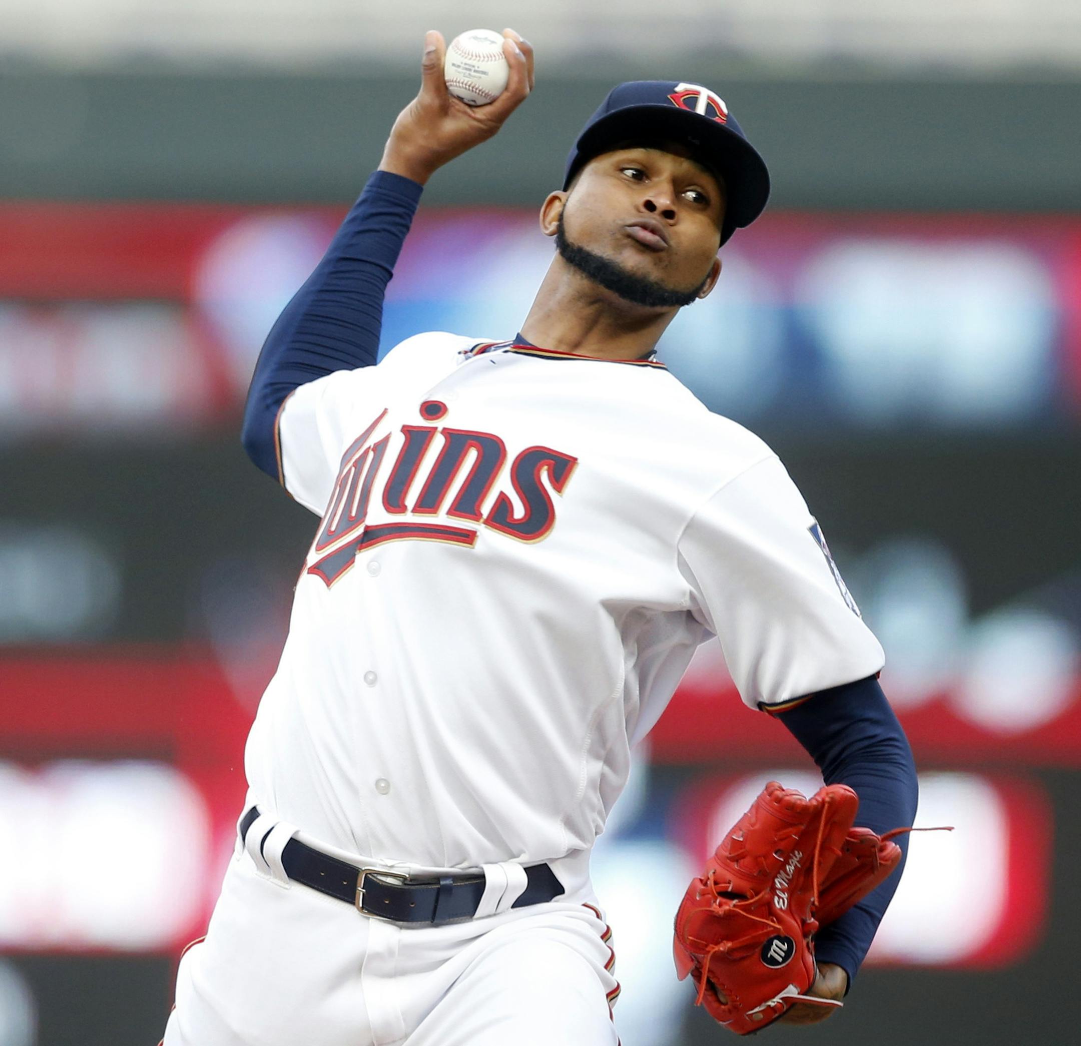 Minnesota Twins pitcher Ervin Santana throws against the Oakland Athletics in the first inning of a baseball game Tuesday, May 2, 2017, in Minneapolis. (AP Photo/Jim Mone)