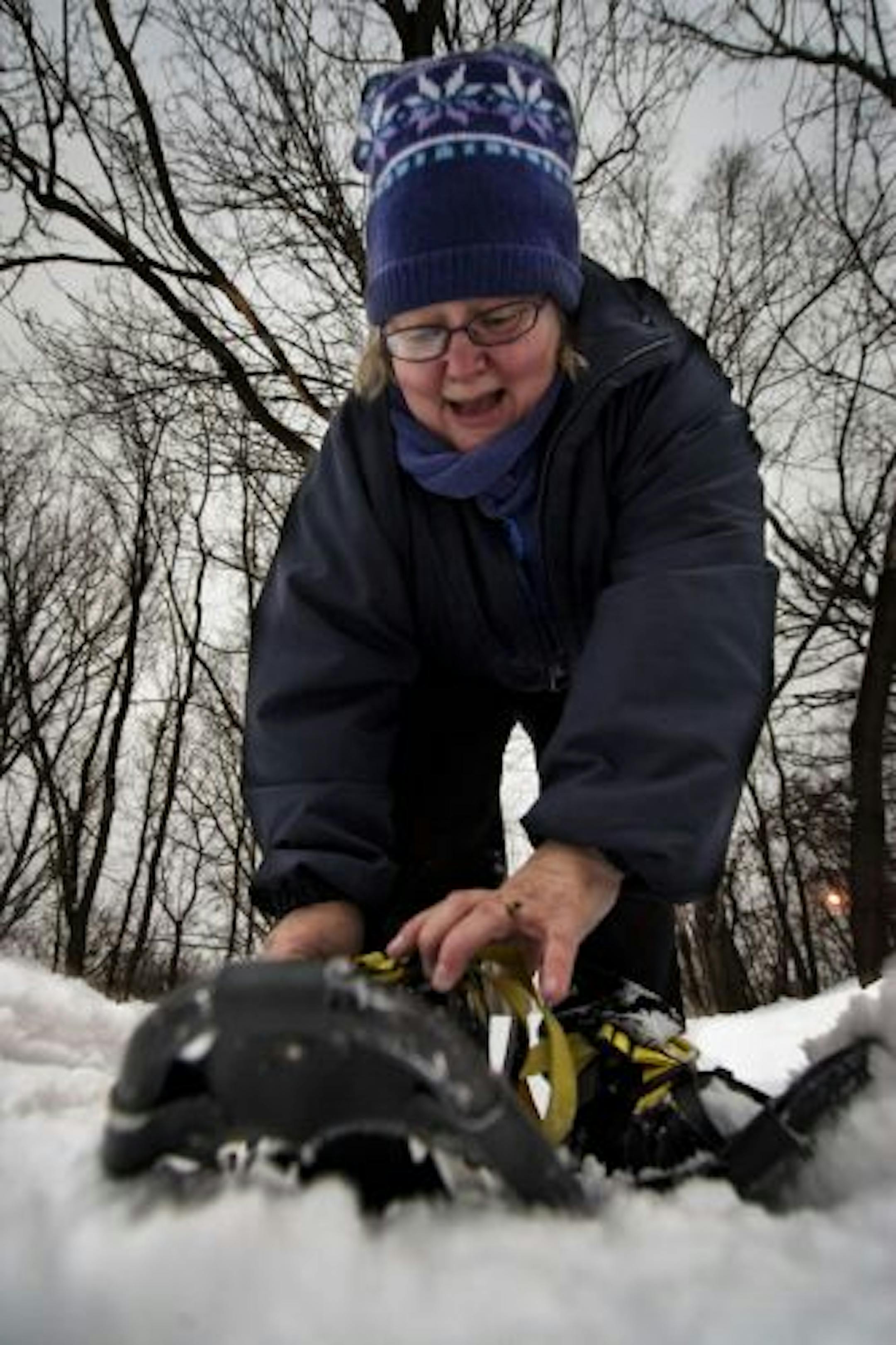 Joanne Macnabb took her snowshoes off after the group hike.