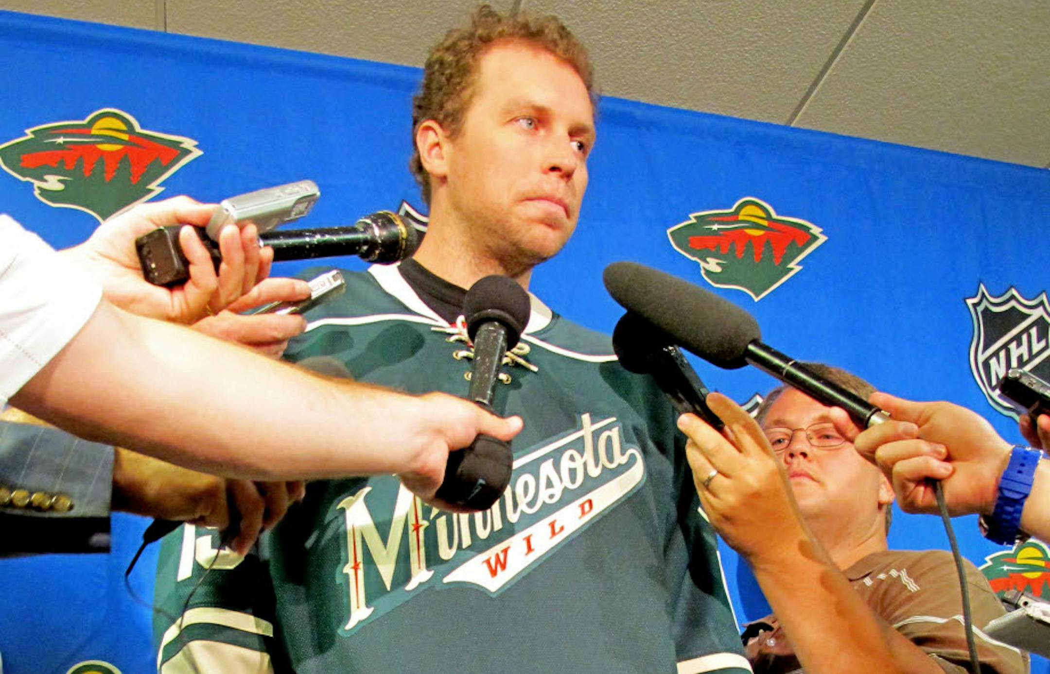 After being traded from the San Jose Sharks, Dany Heatley greeted the media for the first time as a member of the Wild on Monday at Xcel Energy Center. Also making his first appearance with the Wild was Devin Setoguchi, a teammate of Heatley's with the Sharks.