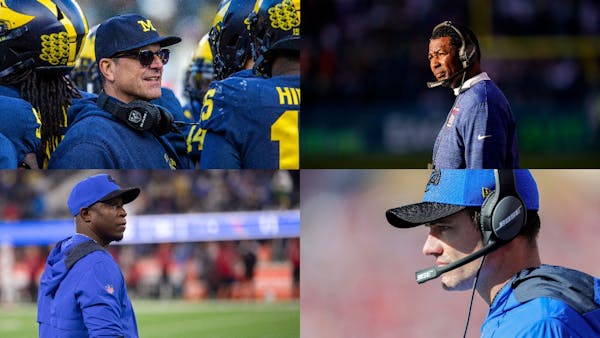 Four names emerged Monday as the Vikings continue to interview head coaching candidates. Clockwise from top left: Jim Harbaugh, Patrick Graham, Kevin 