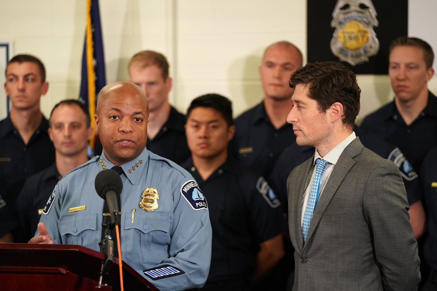 Minneapolis Mayor Jacob Frey, right, said he will seek more officers, but not necessarily the 400 that Police Chief Medaria Arradondo has called for.