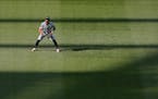Minnesota Twins center fielder Willi Castro waits in the outfield during the eighth inning of a baseball game against the Kansas City Royals Thursday,