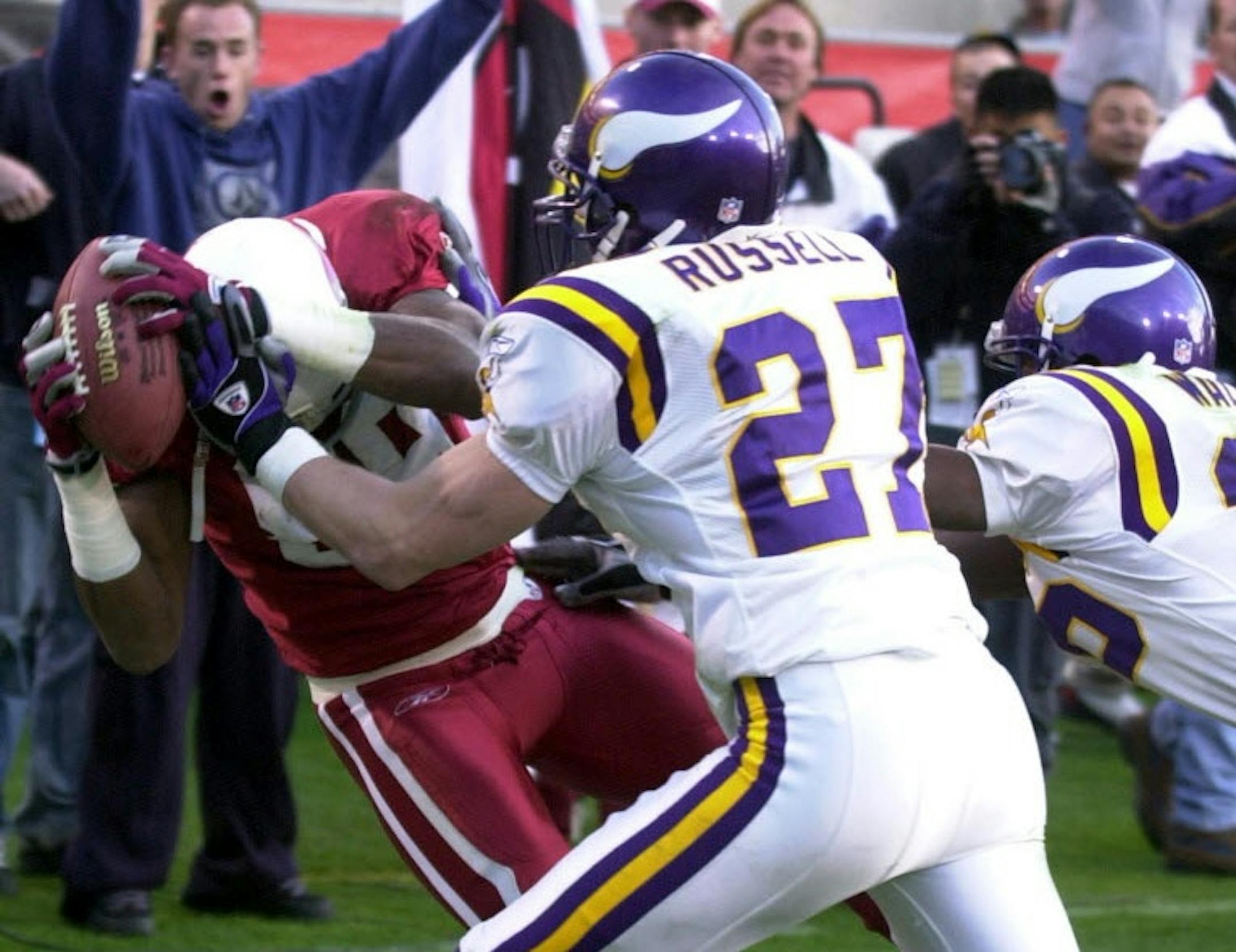 Nate Poole caught this touchdown pass on the final play of the 2003 Vikings-Arizona game to give the Cardinals the victory and knock Minnesota out of the playoffs. The Cardinals were 3-12 going into the game.