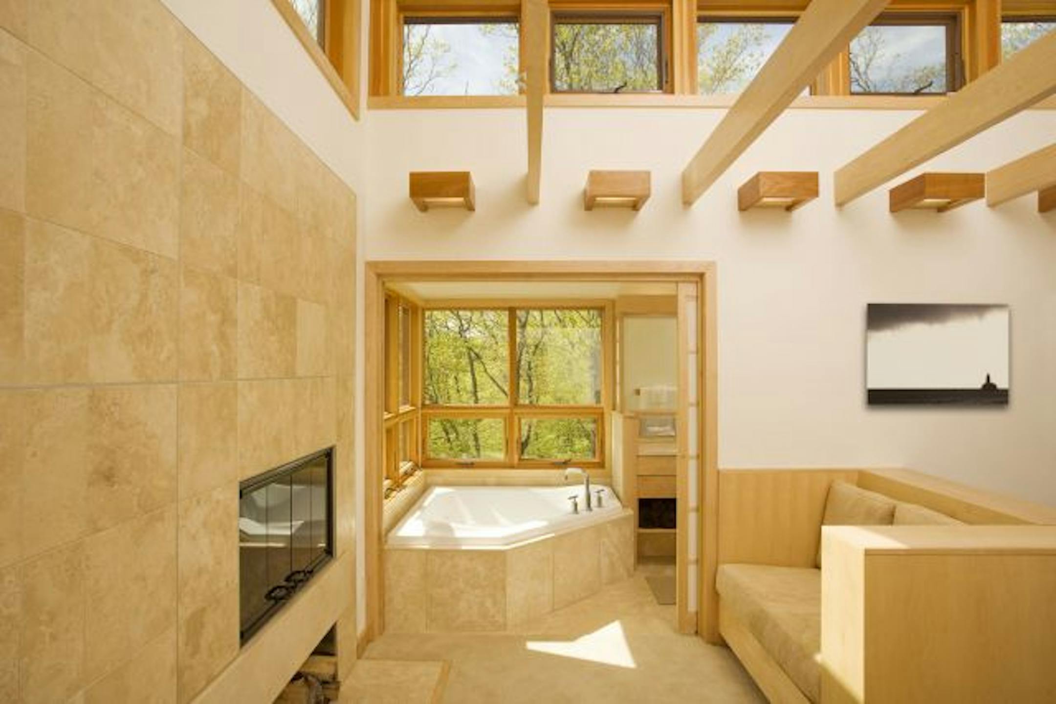 A lake home in Cumberland, Wis., designed by SALA architect Joseph G. Metzler, - fire to bath