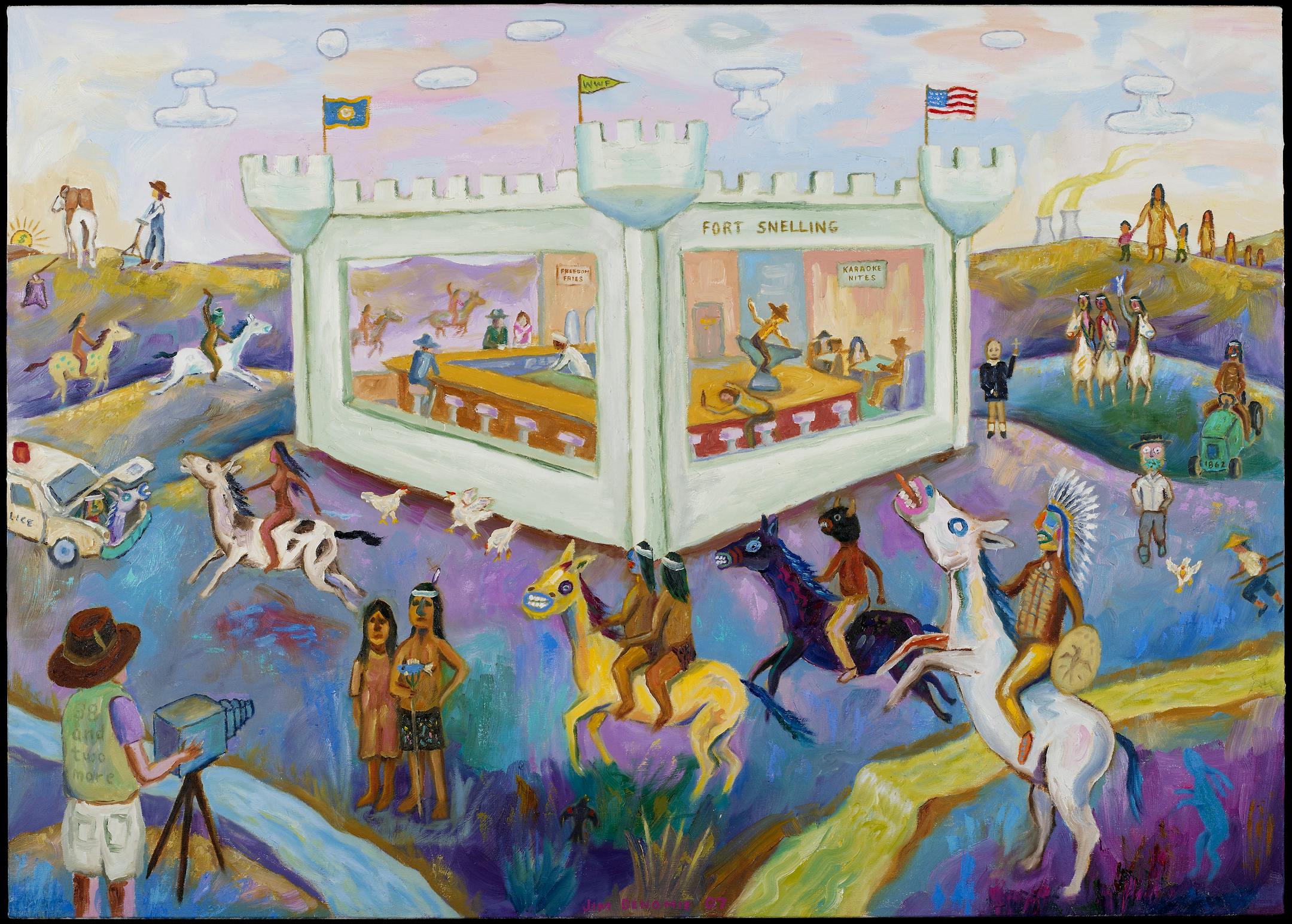 "Attack on Fort Snelling Bar and Grill" (2007) by Jim Denomie, 35 x 49 inches, oil on canvas, collection Weisman Art Museum